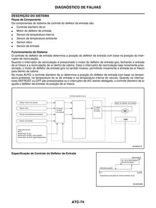 DIAGNÓSTICO DE FALHAS

DESCRIÇÃO DO SISTEMA
Peças de Componente
Os componentes do sistema de controle do defletor de entrada são:
●   Controle dianteiro de ar
●   Motor do defletor de entrada
●   Sensor de temperatura interna
●   Sensor de temperatura-ambiente
●   Sensor ótico
●   Sensor de entrada

Funcionamento do Sistema
O controle do defletor de entrada determina a posição do defletor de entrada com base na posição do inter-
ruptor de recirculação.
Quando o interruptor de recirculação é pressionado o motor do defletor de entrada gira, fechando a entrada
de ar fresco e a recirculação de ar dentro da cabina. Caso o interruptor de recirculação seja novamente pres-
sionado, o motor do defletor de entrada gira no sentido inverso, permitindo novamente a entrada de ar fresco
para dentro da cabina.
No modo AUTO, o controle dianteiro de ar determina a posição do defletor de entrada com base na temper-
atura-ambiente, na temperatura do ar de entrada e na temperatura interna do veículo. Quando os interrup-
tores DEFROST ou OFF são pressionados ou o interruptor de A/C estiver desligado, o controle dianteiro de ar
ajusta o defletor de entrada na posição de ar fresco.




                                                                                                   WJIA0551E


Especificação de Controle do Defletor de Entrada




                                                                                                   WJIA0436E




                                                 ATC-74
 