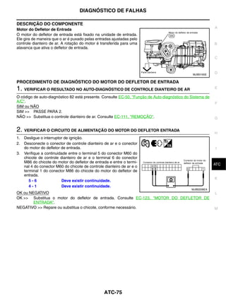 DIAGNÓSTICO DE FALHAS

DESCRIÇÃO DO COMPONENTE
                                                                                                           A
Motor do Defletor de Entrada
O motor do defletor de entrada está fixado na unidade de entrada.
Ele gira de maneira que o ar é puxado pelas entradas ajustadas pelo
controle dianteiro de ar. A rotação do motor é transferida para uma                                        B
alavanca que ativa o defletor de entrada.

                                                                                                           C



                                                                                               MJIB0165E
                                                                                                           D

PROCEDIMENTO DE DIAGNÓSTICO DO MOTOR DO DEFLETOR DE ENTRADA
1. VERIFICAR O RESULTADO NO AUTO-DIAGNÓSTICO DE CONTROLE DIANTEIRO DE AR                                   E

O código de auto-diagnóstico 82 está presente. Consulte EC-50, "Função de Auto-diagnóstico do Sistema de
A/C".                                                                                                      F
SIM ou NÃO
SIM >> PASSE PARA 2.
NÃO >> Substitua o controle dianteiro de ar. Consulte EC-111, "REMOÇÃO".                                   G


2. VERIFICAR O CIRCUITO DE ALIMENTAÇÃO DO MOTOR DO DEFLETOR ENTRADA                                        H
1.   Desligue o interruptor de ignição.
2.   Desconecte o conector de controle dianteiro de ar e o conector
     do motor do defletor de entrada.                                                                      I
3.   Verifique a continuidade entre o terminal 5 do conector M60 do
     chicote de controle dianteiro de ar e o terminal 6 do conector
     M86 do chicote do motor do defletor de entrada e entre o termi-                                        J
                                                                                                           ATC
     nal 4 do conector M60 do chicote de controle dianteiro de ar e o
     terminal 1 do conector M86 do chicote do motor do defletor de
     entrada.
                                                                                                           K
        5-6               Deve existir continuidade.
        4-1               Deve existir continuidade.
                                                                                              MJIB0208EA
OK ou NEGATIVO                                                                                             L
OK >> Substitua o motor do defletor de entrada. Consulte EC-123, "MOTOR DO DEFLETOR DE
        ENTRADA".
NEGATIVO >> Repare ou substitua o chicote, conforme necessário.                                            M




                                                  ATC-75
 