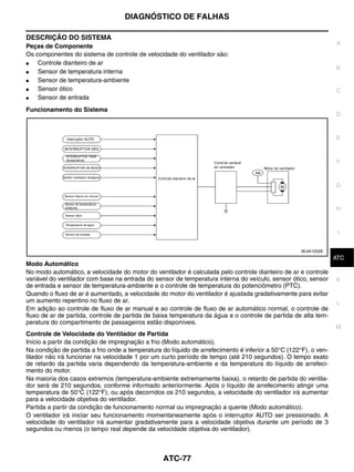 DIAGNÓSTICO DE FALHAS

DESCRIÇÃO DO SISTEMA
                                                                                                                 A
Peças de Componente
Os componentes do sistema de controle de velocidade do ventilador são:
●   Controle dianteiro de ar
                                                                                                                 B
●   Sensor de temperatura interna
●   Sensor de temperatura-ambiente
●   Sensor ótico                                                                                                 C
●   Sensor de entrada
Funcionamento do Sistema
                                                                                                                 D


                                                                                                                 E



                                                                                                                 F


                                                                                                                 G


                                                                                                                 H



                                                                                                                  I


                                                                                                    WJIA1252E
                                                                                                                  J
                                                                                                                 ATC
Modo Automático
No modo automático, a velocidade do motor do ventilador é calculada pelo controle dianteiro de ar e controle
variável do ventilador com base na entrada do sensor de temperatura interna do veículo, sensor ótico, sensor     K
de entrada e sensor de temperatura-ambiente e o controle de temperatura do potenciômetro (PTC).
Quando o fluxo de ar é aumentado, a velocidade do motor do ventilador é ajustada gradativamente para evitar
um aumento repentino no fluxo de ar.                                                                              L
Em adição ao controle de fluxo de ar manual e ao controle de fluxo de ar automático normal, o controle de
fluxo de ar de partida, controle de partida de baixa temperatura da água e o controle de partida de alta tem-
peratura do compartimento de passageiros estão disponíveis.
                                                                                                                 M
Controle de Velocidade do Ventilador de Partida
Início a partir da condição de impregnação a frio (Modo automático).
Na condição de partida a frio onde a temperatura do líquido de arrefecimento é inferior a 50°C (122°F), o ven-
tilador não irá funcionar na velocidade 1 por um curto período de tempo (até 210 segundos). O tempo exato
de retardo da partida varia dependendo da temperatura-ambiente e da temperatura do líquido de arrefeci-
mento do motor.
Na maioria dos casos extremos (temperatura-ambiente extremamente baixa), o retardo de partida do ventila-
dor será de 210 segundos, conforme informado anteriormente. Após o líquido de arrefecimento atingir uma
temperatura de 50°C (122°F), ou após decorridos os 210 segundos, a velocidade do ventilador irá aumentar
para a velocidade objetiva do ventilador.
Partida a partir da condição de funcionamento normal ou impregnação a quente (Modo automático).
O ventilador irá iniciar seu funcionamento momentaneamente após o interruptor AUTO ser pressionado. A
velocidade do ventilador irá aumentar gradativamente para a velocidade objetiva durante um período de 3
segundos ou menos (o tempo real depende da velocidade objetiva do ventilador).



                                                 ATC-77
 