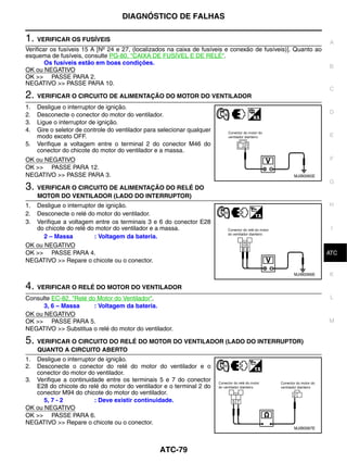 DIAGNÓSTICO DE FALHAS

1. VERIFICAR OS FUSÍVEIS                                                                                       A
Verificar os fusíveis 15 A [Nº 24 e 27, (localizados na caixa de fusíveis e conexão de fusíveis)]. Quanto ao
esquema de fusíveis, consulte PG-80, "CAIXA DE FUSÍVEL E DE RELÉ".
        Os fusíveis estão em boas condições.
                                                                                                               B
OK ou NEGATIVO
OK >> PASSE PARA 2.
NEGATIVO >> PASSE PARA 10.
                                                                                                               C
2. VERIFICAR O CIRCUITO DE ALIMENTAÇÃO DO MOTOR DO VENTILADOR
1.   Desligue o interruptor de ignição.
2.   Desconecte o conector do motor do ventilador.                                                             D
3.   Ligue o interruptor de ignição.
4.   Gire o seletor de controle do ventilador para selecionar qualquer
     modo exceto OFF.                                                                                          E
5.   Verifique a voltagem entre o terminal 2 do conector M46 do
     conector do chicote do motor do ventilador e a massa.
OK ou NEGATIVO                                                                                                 F
OK >> PASSE PARA 12.
NEGATIVO >> PASSE PARA 3.                                                                        MJIB0065E
                                                                                                               G
3. VERIFICAR O CIRCUITO DE ALIMENTAÇÃO DO RELÉ DO
     MOTOR DO VENTILADOR (LADO DO INTERRUPTOR)
1. Desligue o interruptor de ignição.                                                                          H
2. Desconecte o relé do motor do ventilador.
3. Verifique a voltagem entre os terminais 3 e 6 do conector E28
   do chicote do relé do motor do ventilador e a massa.                                                         I
      2 – Massa         : Voltagem da bateria.
OK ou NEGATIVO
OK >> PASSE PARA 4.                                                                                             J
                                                                                                               ATC
NEGATIVO >> Repare o chicote ou o conector.

                                                                                                 MJIB0066E     K

4. VERIFICAR O RELÉ DO MOTOR DO VENTILADOR
Consulte EC-82, "Relé do Motor do Ventilador".                                                                  L
      3, 6 – Massa      : Voltagem da bateria.
OK ou NEGATIVO
OK >> PASSE PARA 5.                                                                                            M
NEGATIVO >> Substitua o relé do motor do ventilador.

5. VERIFICAR O CIRCUITO DO RELÉ DO MOTOR DO VENTILADOR (LADO DO INTERRUPTOR)
     QUANTO A CIRCUITO ABERTO
1. Desligue o interruptor de ignição.
2. Desconecte o conector do relé do motor do ventilador e o
   conector do motor do ventilador.
3. Verifique a continuidade entre os terminais 5 e 7 do conector
   E28 do chicote do relé do motor do ventilador e o terminal 2 do
   conector M94 do chicote do motor do ventilador.
      5, 7 - 2          : Deve existir continuidade.
OK ou NEGATIVO
OK >> PASSE PARA 6.
NEGATIVO >> Repare o chicote ou o conector.
                                                                                                 MJIB0067E




                                                  ATC-79
 
