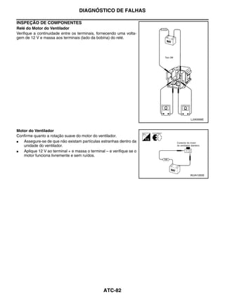 DIAGNÓSTICO DE FALHAS

INSPEÇÃO DE COMPONENTES
Relé do Motor do Ventilador
Verifique a continuidade entre os terminais, fornecendo uma volta-
gem de 12 V e massa aos terminais (lado da bobina) do relé.




                                                                      LJIA0068E



Motor do Ventilador
Confirme quanto a rotação suave do motor do ventilador.
●  Assegure-se de que não existam partículas estranhas dentro da
   unidade do ventilador.
●  Aplique 12 V ao terminal + e massa o terminal – e verifique se o
   motor funciona livremente e sem ruídos.



                                                                      WJIA1265E




                                                ATC-82
 