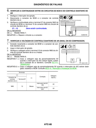 DIAGNÓSTICO DE FALHAS

6. VERIFICAR A CONTINUIDADE ENTRE OS CIRCUITOS DO BCM E DO CONTROLE DIANTEIRO DE
     AR
1. Desligue o interruptor de ignição.
2. Desconecte o conector do BCM e o conector de controle
   dianteiro de ar.
3. Verifique a continuidade entre o terminal 27 do conector M42 do
   chicote do BCM e o terminal 10 do conector M60 do chicote de
   controle dianteiro de ar.
      27 – 10            Deve existir continuidade.
OK ou NEGATIVO
OK >> PASSE PARA 7.
NEGATIVO >> Repare o chicote ou o conector.                                              MJIB0070E




7. VERIFICAR A VOLTAGEM DO CONTROLE DIANTEIRO DE AR (SINAL ON DO COMPRESSOR)
1. Conecte novamente o conector do BCM e o conector de con-
   trole dianteiro de ar.
2. Ligue o interruptor de ignição.
3. Verifique a voltagem entre o terminal 10 do conector M60 do chi-
   cote do controle dianteiro de ar e a massa.
OK ou NEGATIVO
OK >> PASSE PARA 8.
NEGATIVO-1 >> Caso a voltagem seja de aproximadamente 5V
                  quando o interruptor do A/C estiver ligado, substi-
                  tua o controle de ar dianteiro. Consulte EC-111,                       WJIA1137E
                  "REMOÇÃO".
NEGATIVO-2 >> Caso a voltagem seja de aproximadamente 0V quando o interruptor do A/C estiver desli-
                  gado, substitua o BCM. Consulte BCS-14, "Remoção e Instalação do BCM".

                     Terminais
               (+)
                                                                   Voltagem
                                                 Condição
  Conector de                       (-)                             (Aprox.)
    controle         Terminal Nº
 dianteiro do ar
                                             Interruptor de A/C:
                                                                      0V
                                                     ON
      M60                10        Massa
                                             Interruptor de A/C:
                                                                      5V
                                                    OFF




                                                         ATC-86
 