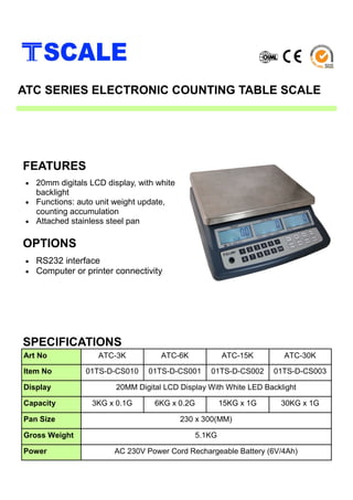 • 20mm digitals LCD display, with white
backlight
• Functions: auto unit weight update,
counting accumulation
• Attached stainless steel pan
FEATURES
ATC SERIES ELECTRONIC COUNTING TABLE SCALE
• RS232 interface
• Computer or printer connectivity
OPTIONS
SPECIFICATIONS
Art No ATC-3K ATC-6K ATC-15K ATC-30K
Item No 01TS-D-CS010 01TS-D-CS001 01TS-D-CS002 01TS-D-CS003
Display 20MM Digital LCD Display With White LED Backlight
Capacity 3KG x 0.1G 6KG x 0.2G 15KG x 1G 30KG x 1G
Pan Size 230 x 300(MM)
Gross Weight 5.1KG
Power AC 230V Power Cord Rechargeable Battery (6V/4Ah)
 