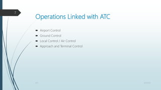 Operations Linked with ATC
 Airport Control
 Ground Control
 Local Control / Air Control
 Approach and Terminal Control
4/25/2021
ATC
7
 