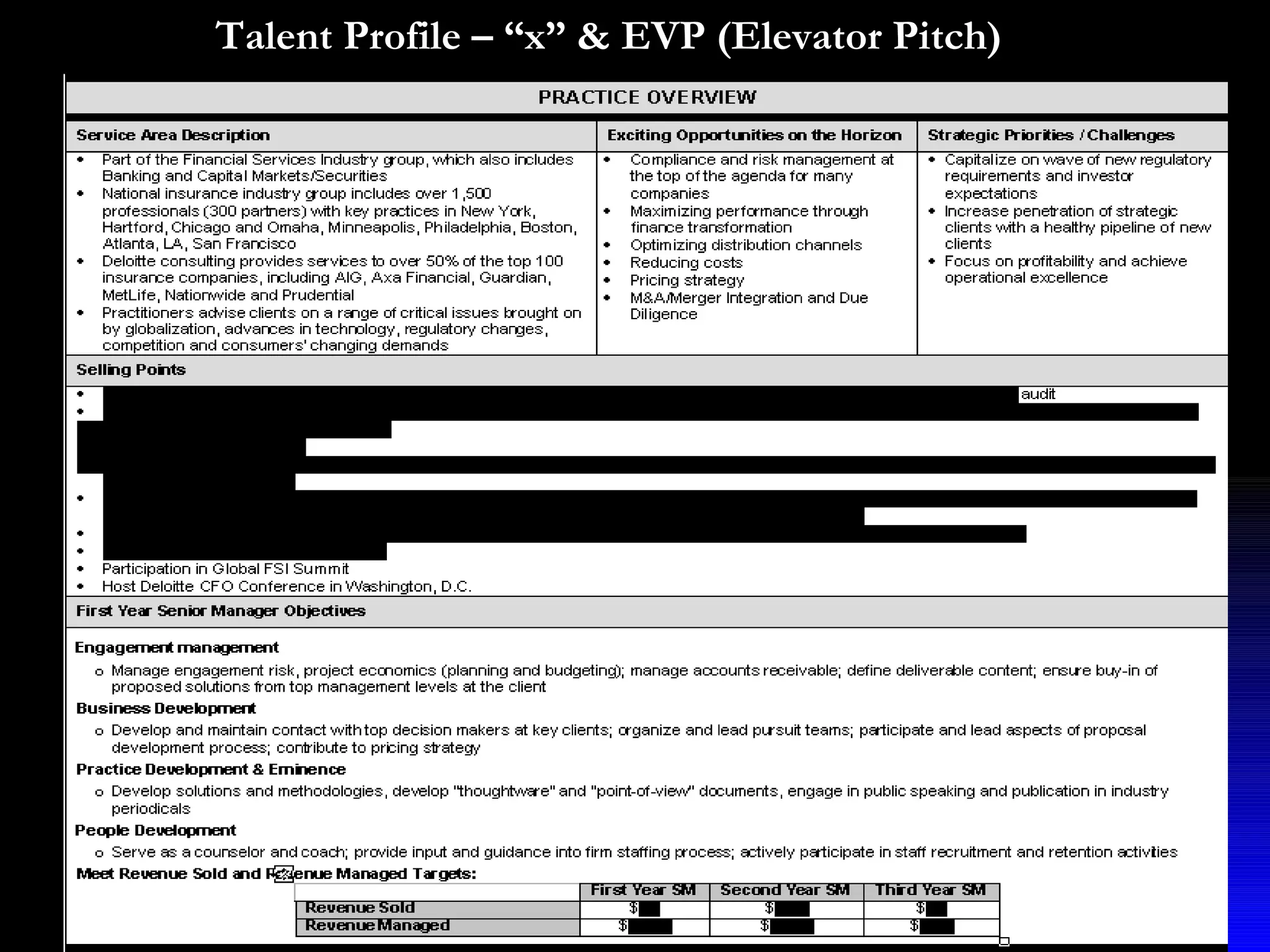 Talent Profile – “x” & EVP (Elevator Pitch) 