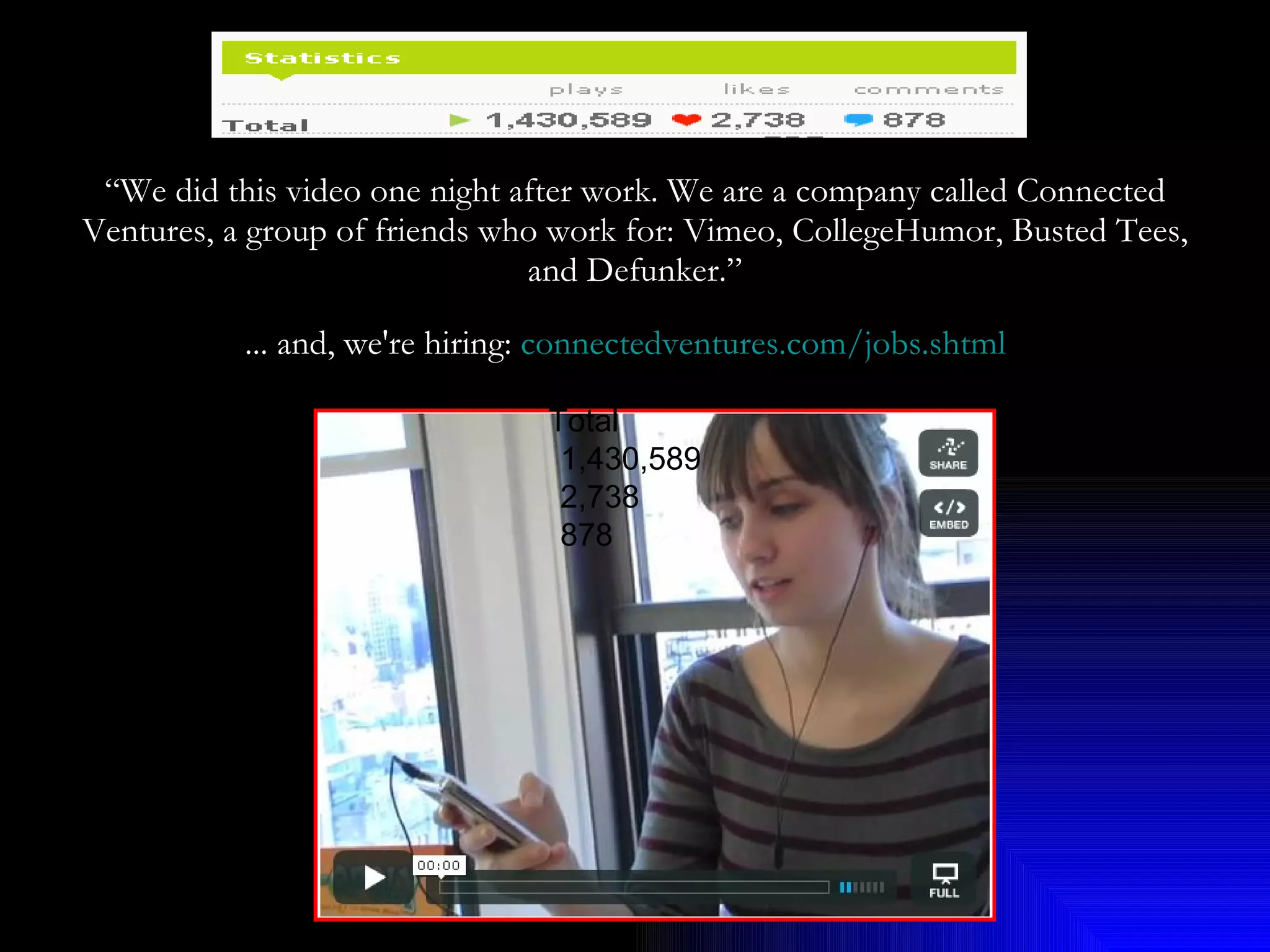 “ We did this video one night after work. We are a company called Connected Ventures, a group of friends who work for: Vimeo, CollegeHumor, Busted Tees, and Defunker.” ... and, we're hiring:  connectedventures.com/jobs.shtml   Total  1,430,589  2,738  878  