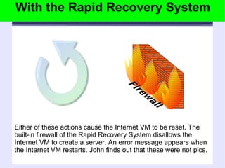 Either of these actions cause the Internet VM to be reset. The built-in firewall of the Rapid Recovery System disallows the Internet VM to create a server. An error message appears when the Internet VM restarts. John finds out that these were not pics. With the Rapid Recovery System 