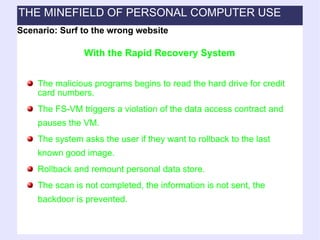 The malicious programs begins to read the hard drive for credit card numbers. The FS-VM triggers a violation of the data access contract and pauses the VM. The system asks the user if they want to rollback to the last known good image. Rollback and remount personal data store. The scan is not completed, the information is not sent, the backdoor is prevented. With the Rapid Recovery System Scenario: Surf to the wrong website THE MINEFIELD OF PERSONAL COMPUTER USE 