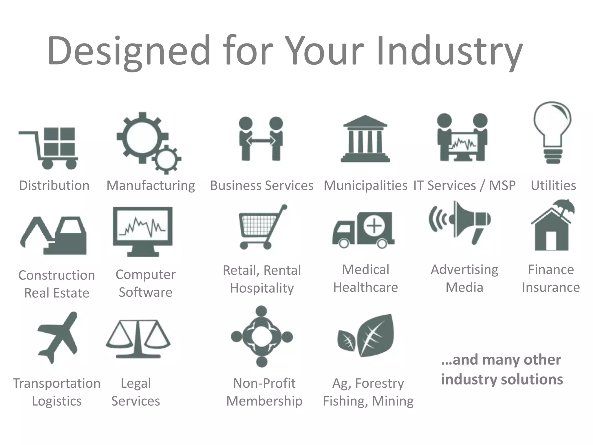 Designed for Your Industry
Distribution

Construction
Real Estate

Manufacturing Business Services Municipalities IT Services / MSP Utilities

Computer
Software

Transportation Legal
Logistics
Services

Retail, Rental
Hospitality

Non-Profit
Membership

Medical
Healthcare

Ag, Forestry
Fishing, Mining

Advertising
Media

Finance
Insurance

…and many other
industry solutions

 