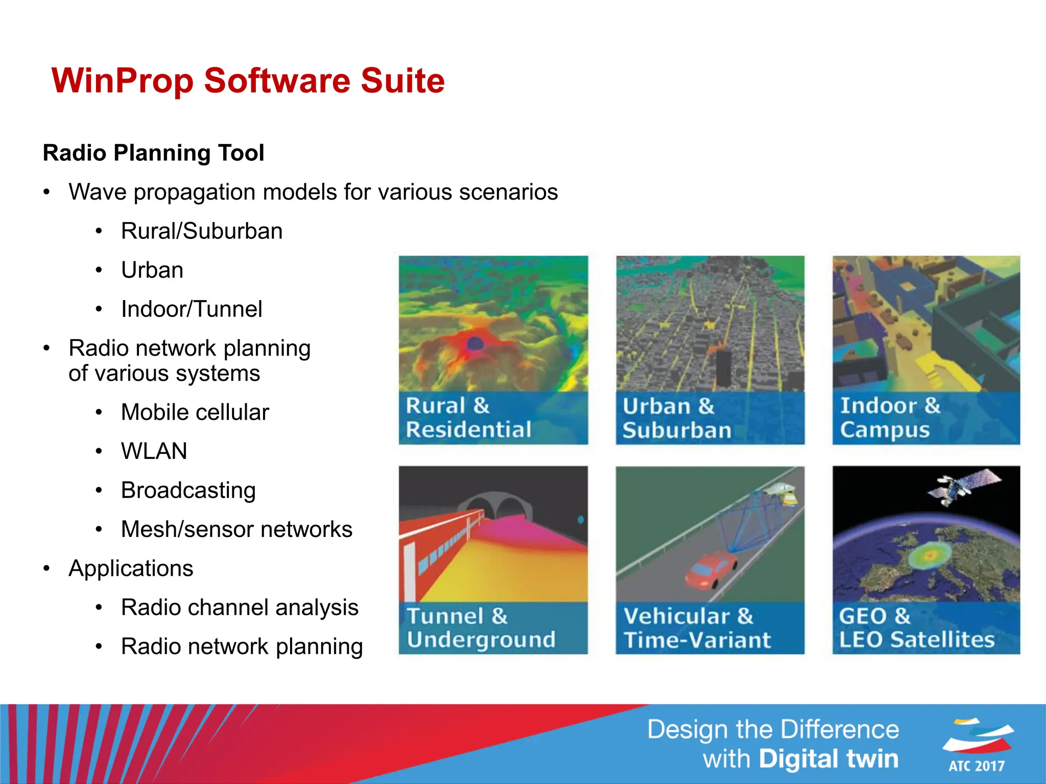 WinProp Software Suite
Radio Planning Tool
• Wave propagation models for various scenarios
• Rural/Suburban
• Urban
• Indoor/Tunnel
• Radio network planning
of various systems
• Mobile cellular
• WLAN
• Broadcasting
• Mesh/sensor networks
• Applications
• Radio channel analysis
• Radio network planning
 