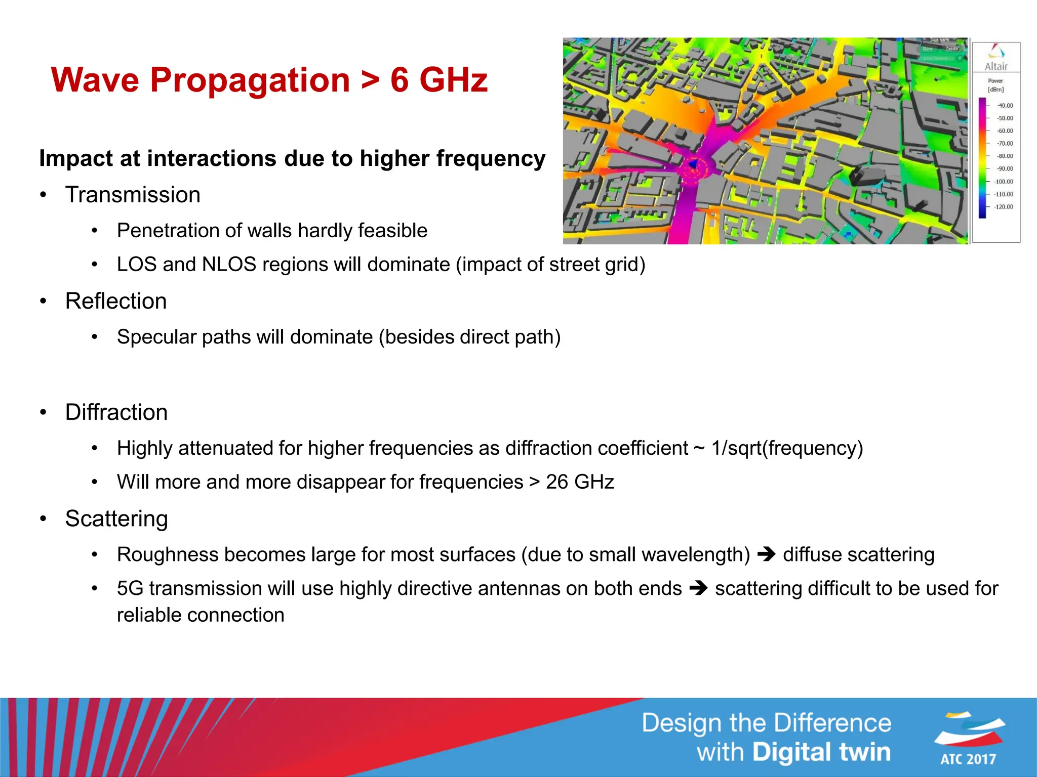 Wave Propagation > 6 GHz
Impact at interactions due to higher frequency
• Transmission
• Penetration of walls hardly feasible
• LOS and NLOS regions will dominate (impact of street grid)
• Reflection
• Specular paths will dominate (besides direct path)
• Diffraction
• Highly attenuated for higher frequencies as diffraction coefficient ~ 1/sqrt(frequency)
• Will more and more disappear for frequencies > 26 GHz
• Scattering
• Roughness becomes large for most surfaces (due to small wavelength)  diffuse scattering
• 5G transmission will use highly directive antennas on both ends  scattering difficult to be used for
reliable connection
 
