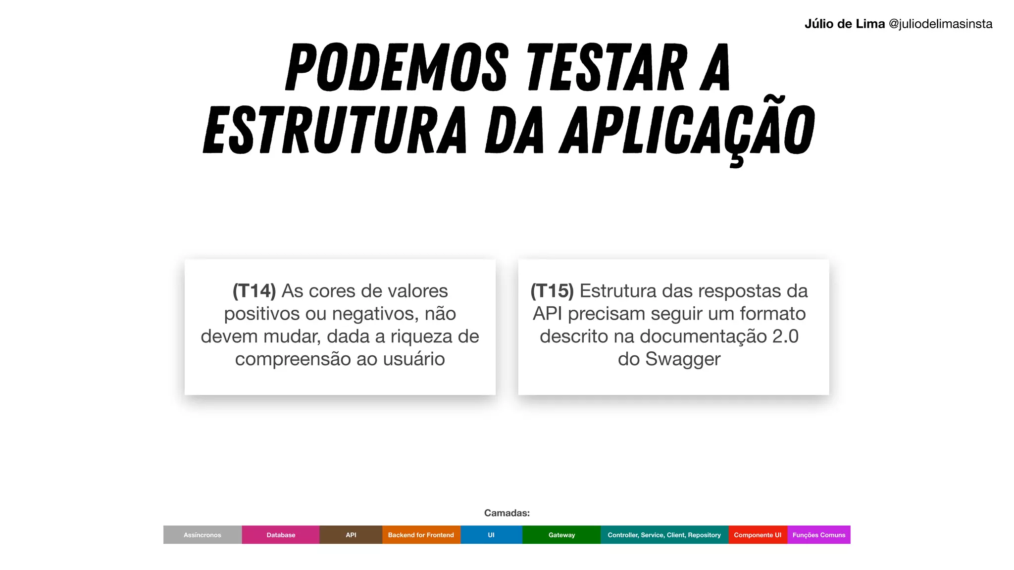 (T14) As cores de valores
positivos ou negativos, não
devem mudar, dada a riqueza de
compreensão ao usuário
(T15) Estrutura das respostas da
API precisam seguir um formato
descrito na documentação 2.0
do Swagger
Podemos testar a
estrutura da aplicação
UI Componente UI
Backend for Frontend Gateway Controller, Service, Client, Repository
Database API Funções Comuns
Assíncronos
Camadas:
Júlio de Lima @juliodelimasinsta
 