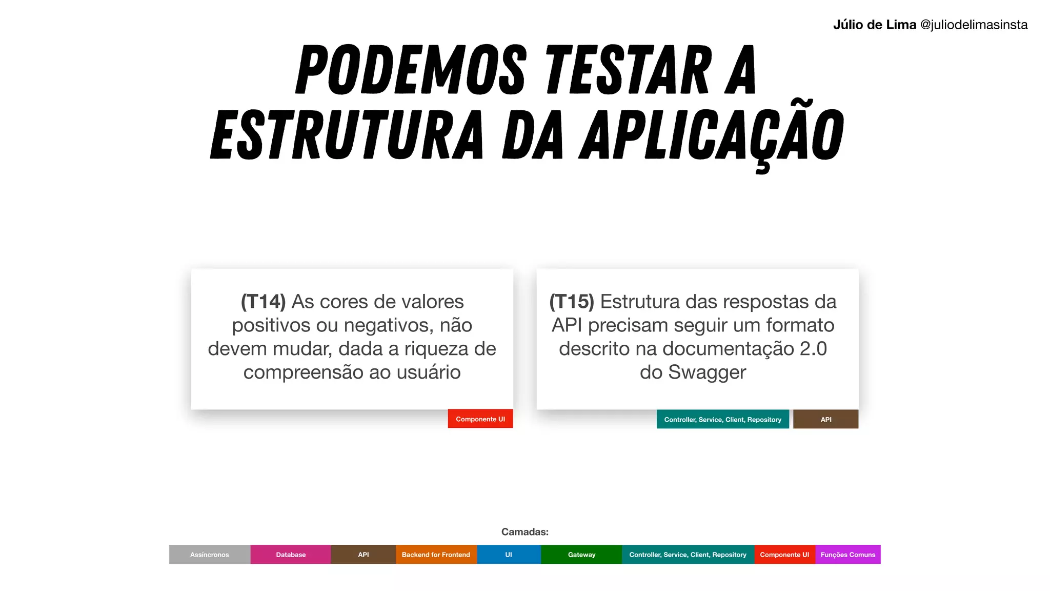 (T14) As cores de valores
positivos ou negativos, não
devem mudar, dada a riqueza de
compreensão ao usuário
(T15) Estrutura das respostas da
API precisam seguir um formato
descrito na documentação 2.0
do Swagger
Componente UI
Podemos testar a
estrutura da aplicação
UI Componente UI
Backend for Frontend Gateway Controller, Service, Client, Repository
Database API Funções Comuns
Assíncronos
Camadas:
API
Controller, Service, Client, Repository
Júlio de Lima @juliodelimasinsta
 