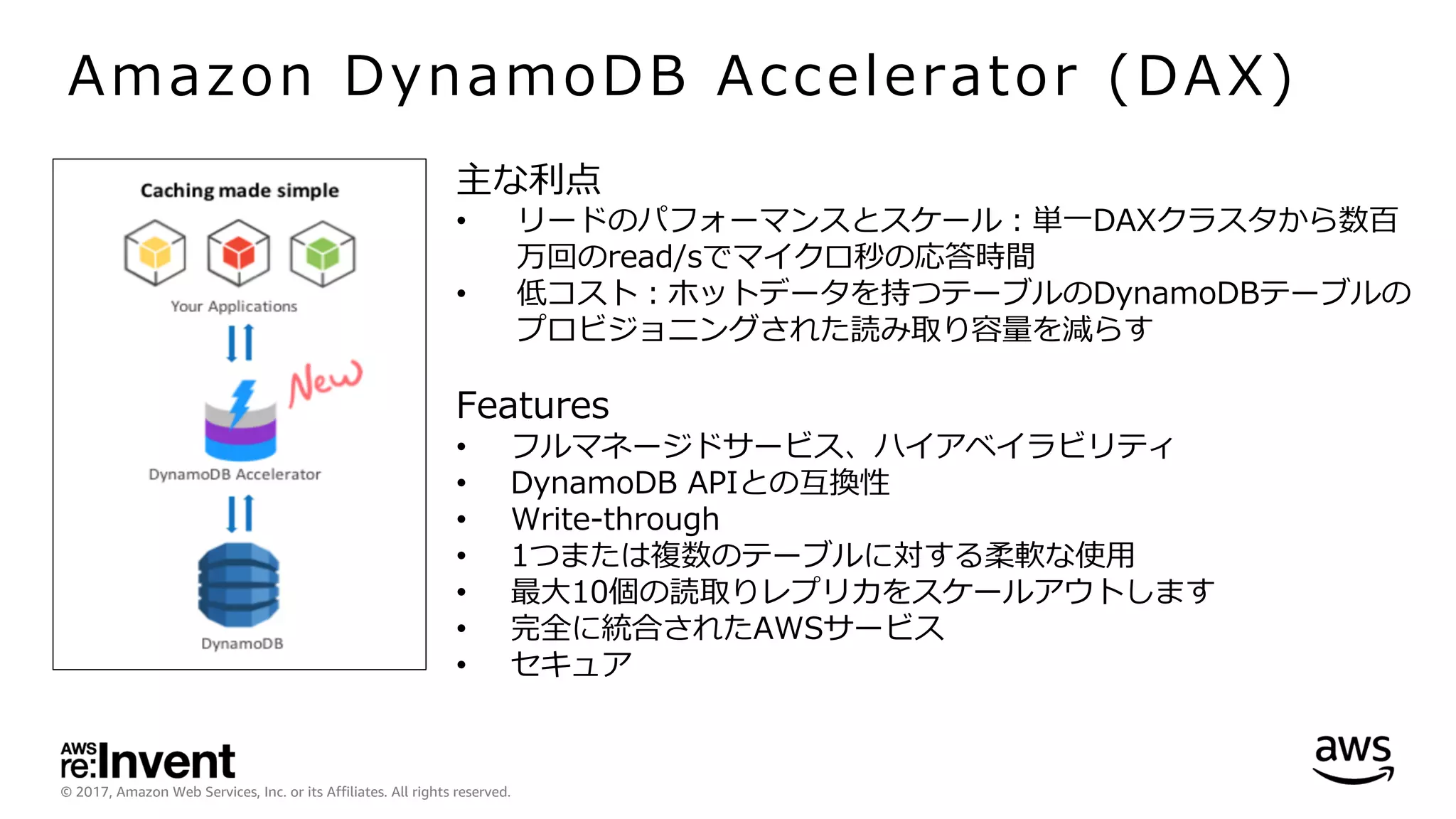 © 2017, Amazon Web Services, Inc. or its Affiliates. All rights reserved.
Amazon DynamoDB Accelerator (DAX)
主な利点
• リードのパフォーマンスとスケール：単⼀DAXクラスタから数百
万回のread/sでマイクロ秒の応答時間
• 低コスト：ホットデータを持つテーブルのDynamoDBテーブルの
プロビジョニングされた読み取り容量を減らす
Features
• フルマネージドサービス、ハイアベイラビリティ
• DynamoDB APIとの互換性
• Write-through
• 1つまたは複数のテーブルに対する柔軟な使⽤
• 最⼤10個の読取りレプリカをスケールアウトします
• 完全に統合されたAWSサービス
• セキュア
 