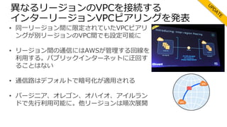 異なるリージョンのVPCを接続する
インターリージョンVPCピアリングを発表
• 同⼀リージョン間に限定されていたVPCピアリ
ングが別リージョンのVPC間でも設定可能に
• リージョン間の通信にはAWSが管理する回線を
利⽤する。パブリックインターネットに迂回す
ることはない
• 通信路はデフォルトで暗号化が適⽤される
• バージニア、オレゴン、オハイオ、アイルラン
ドで先⾏利⽤可能に。他リージョンは順次展開
 