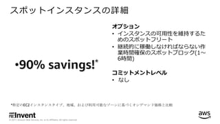 © 2017, Amazon Web Services, Inc. or its Affiliates. All rights reserved.
スポットインスタンスの詳細
オプション
• インスタンスの可⽤性を維持するた
めのスポットフリート
• 継続的に稼働しなければならない作
業時間確保のスポットブロック(1〜
6時間)
コミットメントレベル
• なし
*特定のEC2インスタンスタイプ、地域、および利用可能なゾーンに基づくオンデマンド価格と比較
 