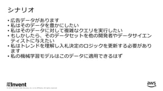 © 2017, Amazon Web Services, Inc. or its Affiliates. All rights reserved.
シナリオ
• 広告データがあります
• 私はそのデータを豊かにしたい
• 私はそのデータに対して複雑なクエリを実⾏したい
• もしかしたら、そのデータセットを他の開発者やデータサイエン
ティストに与えたい
• 私はトレンドを理解し⼊札決定のロジックを更新する必要があり
ます
• 私の機械学習モデルはこのデータに適⽤できるはず
 