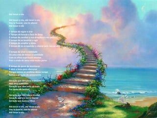 Até tocar o céu
Até tocar o céu, até tocar o céu
Vou te buscar, vou te adorar
Até tocar o céu
É tempo de vigiar e orar
É Tempo de buscar a face de Deus
É tempo de receber a sua direção e o seu poder
É tempo de se levantar e agir
É tempo de ampliar a visão
É tempo de se arrepender e clamar pelo Seu perdão.
É tempo de viver a realidade
De uma vida de temor e santidade
Com os olhos espirituais abertos
Pois a vinda de Jesus está muito perto
É tempo de parar de murmurar
E abrir a boca para abençoar
Porque somos os profetas desse tempo
Somos a geração do avivamento
Geração que denuncia o pecado,
Mas ama o pecador
Geração que abre mão de tudo
Por causa do Senhor;
Geração que não tolera Jezabel
Geração que ora como Daniel
Geração que busca a Deus
Até tocar o céu, até tocar o céu
Vou te buscar, vou te adorar
Até tocar o céu.