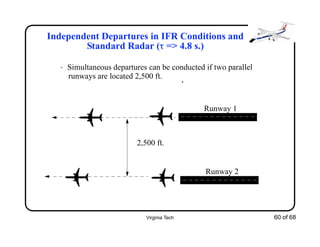 Virginia Tech 60 of 68
Independent Departures in IFR Conditions and
Standard Radar (" => 4.8 s.)
• Simultaneous departures can be conducted if two parallel
runways are located 2,500 ft. p
Runway 1
Runway 2
2,500 ft.
 