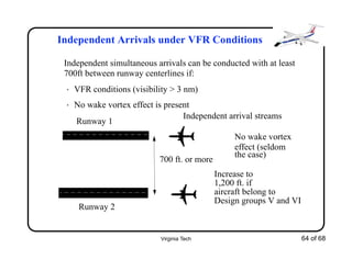 Virginia Tech 64 of 68
Independent Arrivals under VFR Conditions
Independent simultaneous arrivals can be conducted with at least
700ft between runway centerlines if:
• VFR conditions (visibility > 3 nm)
• No wake vortex effect is present
Independent arrival streams
Runway 1
Runway 2
700 ft. or more
No wake vortex
effect (seldom
the case)
Increase to
1,200 ft. if
aircraft belong to
Design groups V and VI
 