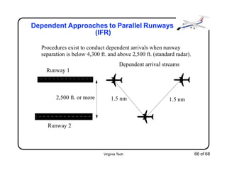 Virginia Tech 66 of 68
Dependent Approaches to Parallel Runways
(IFR)
Procedures exist to conduct dependent arrivals when runway
separation is below 4,300 ft. and above 2,500 ft. (standard radar).
Dependent arrival streams
Runway 1
Runway 2
2,500 ft. or more 1.5 nm 1.5 nm
 