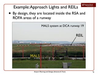 Airport Planning and Design (Antonio A.Trani)
Example:Approach Lights and REILs
• By design, they are located inside the RSA and
ROFA areas of a runway
MALS system at DCA runway 19
REIL
MALS
1g
 