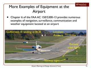 Airport Planning and Design (Antonio A.Trani)
More Examples of Equipment at the
Airport
• Chapter 6 of the FAA AC 150/5300-13 provides numerous
examples of navigation, surveillance, communication and
weather equipment located at an airport
1h
Localizer
Antenna
Runway
edge lights
Gulfstream III landing at BCB
Taxiway signs
 