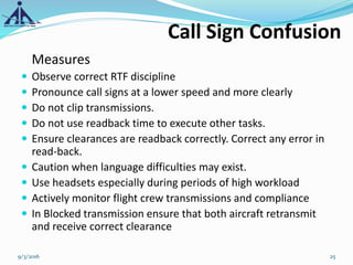 Measures
 Observe correct RTF discipline
 Pronounce call signs at a lower speed and more clearly
 Do not clip transmissions.
 Do not use readback time to execute other tasks.
 Ensure clearances are readback correctly. Correct any error in
read-back.
 Caution when language difficulties may exist.
 Use headsets especially during periods of high workload
 Actively monitor flight crew transmissions and compliance
 In Blocked transmission ensure that both aircraft retransmit
and receive correct clearance
Call Sign Confusion
9/3/2016 25
 