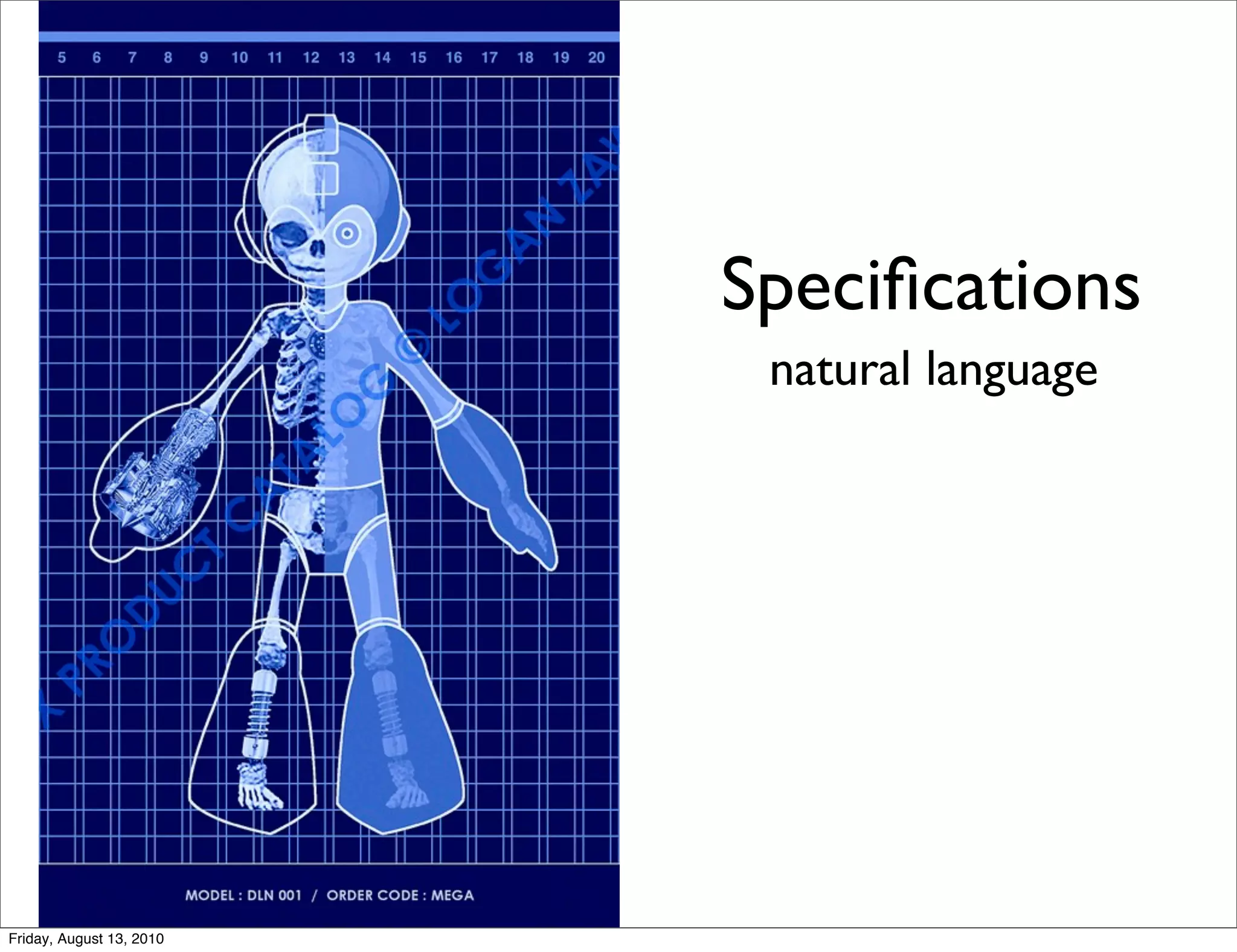 Speciﬁcations
                           natural language




Friday, August 13, 2010
 