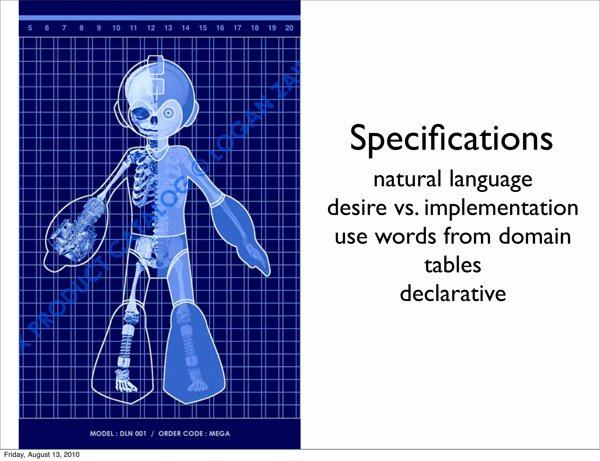 Speciﬁcations
                               natural language
                          desire vs. implementation
                           use words from domain
                                     tables
                                  declarative




Friday, August 13, 2010
 