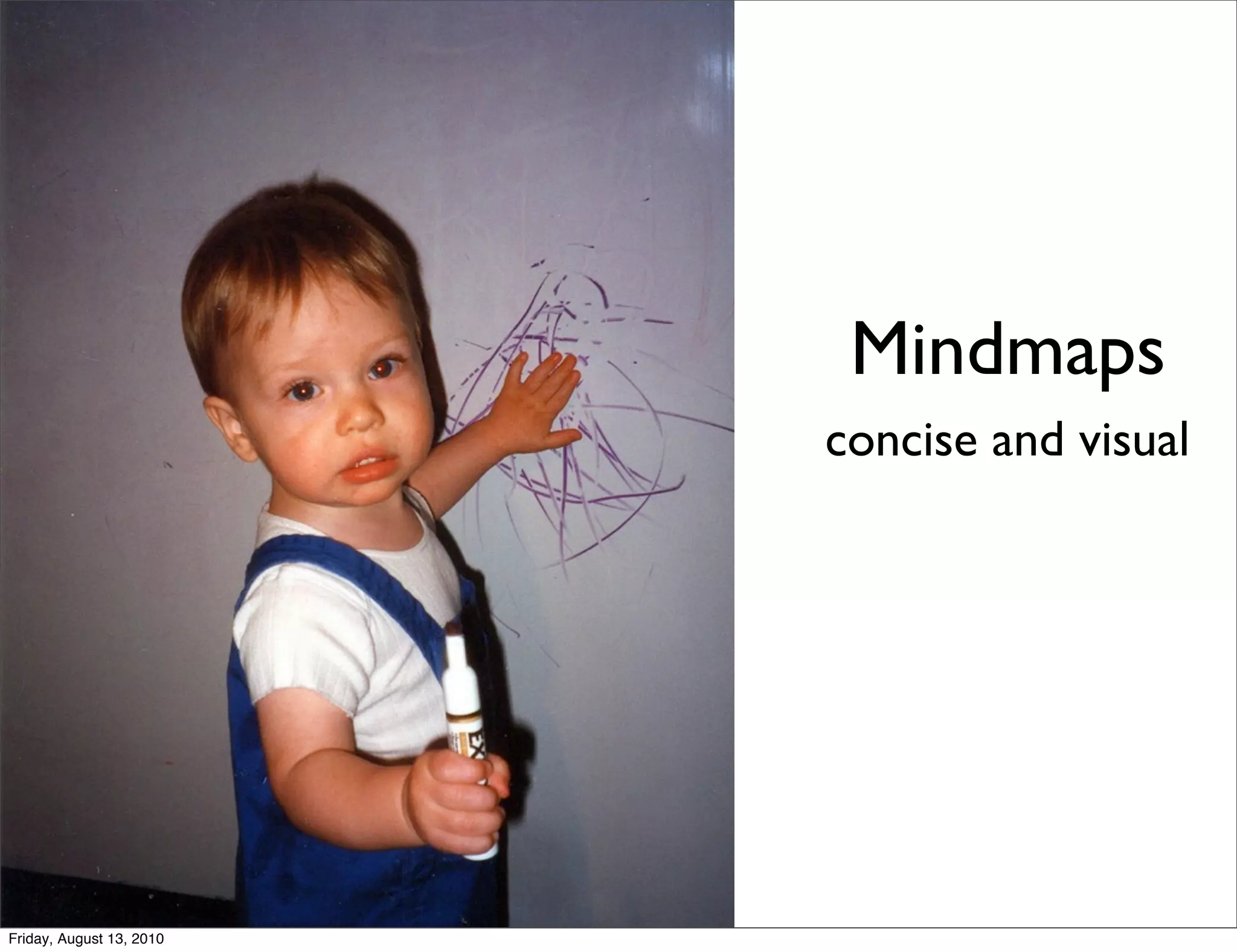 Mindmaps
                          concise and visual




Friday, August 13, 2010
 