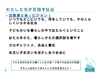 わたしたちが目指す社会 定款 第０条（ビジョン） いつでもどこにいても、何をしていても、その人らしくいられる社会 子どものいる暮らしの中ではたらくということ はたらきかた、暮らしかたの選択肢を増やす カセギとツトメ、自由と責任 お互いがお互いを活かしあう社会に 子どもを持ちながら働くことは大変！子育て中は自分が我慢 ! することはあたりまえという空気を変えたい！ 