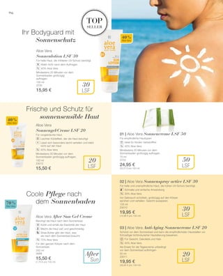 96
100 ml
3730
15,95 €
100 ml
23012
15,50 €
200 ml
3688
15,50 €
(7,75 € pro 100 ml)
75 ml
3753
24,95 €
(33,27 € pro 100 ml)
125 ml
23010
19,95 €
(15,96 € pro 100 ml)
50 ml
23011
19,95 €
(39,90 € pro 100 ml)
40 %
Aloe Vera
70 %
Aloe Vera
40 %
Aloe Vera
top
seller
After
Sun
30
LSF
50
LSF
30
LSF
20
LSF
20
LSF
%
%
+
Ihr Bodyguard mit 	
	 Sonnenschutz
Frische und Schutz für
	 sonnensensible Haut
Coole Pflege nach 		
	dem Sonnenbaden
%
%
%
Aloe Vera
Sonnenlotion LSF 30
Für helle Haut, die mittleren UV Schutz benötigt.
		 Klebt nicht nach dem Auftragen
		 40% Aloe Vera
Mindestens 20 Minuten vor dem
Sonnenbaden großzügig
auftragen.
%
Aloe Vera
Sonnengel-Creme LSF 20
Für vorgebräunte Haut.
		 Leichter Kühleffekt, der die Haut beruhigt
		Lässt sich besonders leicht verteilen und klebt
nicht auf der Haut
		 40% Aloe Vera
Mindestens 30 Minuten vor dem
Sonnenbaden großzügig auftragen.
Aloe Vera After Sun Gel Creme
Beruhigt die Haut nach dem Sonnenbad.
		 Kühlt und erhält die Elastizität der Haut
		 Macht die Haut zart und geschmeidig
		Shea Butter gibt der Haut, was
sie nach dem Sonnenbad braucht
		 70% Aloe Vera
Für den ganzen Körper nach dem
Sonnenbad.
01 | Aloe Vera Sonnencreme LSF 50
Für empfindliche Hauttypen.
		 Ideal für Kinder: farbstofffrei
		 40% Aloe Vera
Mindestens 20 Minuten vor dem
Sonnenbaden großzügig auftragen.
02 | Aloe Vera Sonnenspray active LSF 30
Für helle und unempfindliche Haut, die hohen UV-Schutz benötigt.
		 Schnelle und einfache Anwendung
		 30% Aloe Vera
Vor Gebrauch schütteln, großzügig auf den Körper
sprühen und verteilen. Gesicht aussparen.
03 | Aloe Vera Anti-Aging Sonnencreme LSF 20
Schützt vor dem Sonnenbad und kann die empfindlichsten Hautstellen vor
frühzeitiger lichtinduzierter Hautalterung bewahren.
		 Für Gesicht, Dekolleté und Hals
		 40% Aloe Vera
Als Ersatz für die Tagescreme unbedingt
vor dem Sonnenbad aufbringen.
 