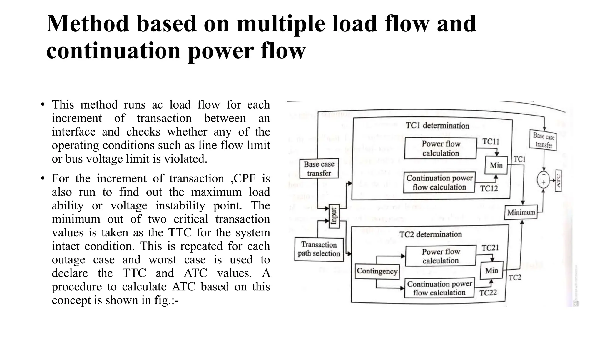 Method based on multiple load flow and
continuation power flow
• This method runs ac load flow for each
increment of transaction between an
interface and checks whether any of the
operating conditions such as line flow limit
or bus voltage limit is violated.
• For the increment of transaction ,CPF is
also run to find out the maximum load
ability or voltage instability point. The
minimum out of two critical transaction
values is taken as the TTC for the system
intact condition. This is repeated for each
outage case and worst case is used to
declare the TTC and ATC values. A
procedure to calculate ATC based on this
concept is shown in fig.:-
 