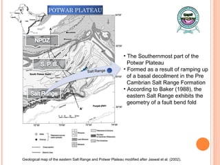 Geological map of the eastern Salt Range and Potwar Plateau modified after Jaswal et al. (2002).  The Southernmost part of the   Potwar Plateau Formed as a result of ramping up   of a basal decollment in the Pre   Cambrian Salt Range Formation According to Baker (1988), the    eastern Salt Range exhibits the   geometry of a fault bend fold POTWAR PLATEAU 