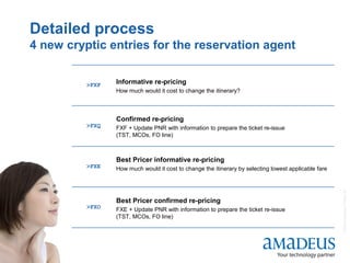 ©2008AmadeusITGroupSA
6
Detailed process
4 new cryptic entries for the reservation agent
Informative re-pricing
How much would it cost to change the itinerary?
Confirmed re-pricing
FXF + Update PNR with information to prepare the ticket re-issue
(TST, MCOs, FO line)
Best Pricer informative re-pricing
How much would it cost to change the itinerary by selecting lowest applicable fare
Best Pricer confirmed re-pricing
FXE + Update PNR with information to prepare the ticket re-issue
(TST, MCOs, FO line)
>FXF
>FXQ
>FXE
>FXO
 