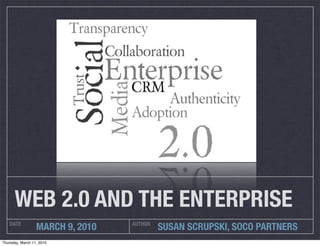 WEB 2.0 AND THE ENTERPRISE
    DATE                          AUTHOR
                  MARCH 9, 2010            SUSAN SCRUPSKI, SOCO PARTNERS
Thursday, March 11, 2010
 