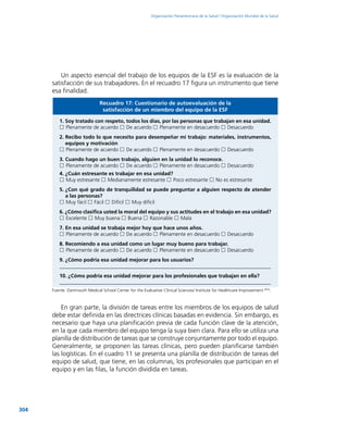 304
Organización Panamericana de la Salud / Organización Mundial de la Salud
Un aspecto esencial del trabajo de los equipos de la ESF es la evaluación de la
satisfacción de sus trabajadores. En el recuadro 17 figura un instrumento que tiene
esa finalidad.
Recuadro 17: Cuestionario de autoevaluación de la
satisfacción de un miembro del equipo de la ESF
1. Soy tratado con respeto, todos los días, por las personas que trabajan en esa unidad.
 Plenamente de acuerdo  De acuerdo  Plenamente en desacuerdo  Desacuerdo
2. Recibo todo lo que necesito para desempeñar mi trabajo: materiales, instrumentos,
equipos y motivación
 Plenamente de acuerdo  De acuerdo  Plenamente en desacuerdo  Desacuerdo
3. Cuando hago un buen trabajo, alguien en la unidad lo reconoce.
 Plenamente de acuerdo  De acuerdo  Plenamente en desacuerdo  Desacuerdo
4. ¿Cuán estresante es trabajar en esa unidad?
 Muy estresante  Medianamente estresante  Poco estresante  No es estresante
5. ¿Con qué grado de tranquilidad se puede preguntar a alguien respecto de atender
a las personas?
 Muy fácil  Fácil  Difícil  Muy difícil
6. ¿Cómo clasifica usted la moral del equipo y sus actitudes en el trabajo en esa unidad?
 Excelente  Muy buena  Buena  Razonable  Mala
7. En esa unidad se trabaja mejor hoy que hace unos años.
 Plenamente de acuerdo  De acuerdo  Plenamente en desacuerdo  Desacuerdo
8. Recomiendo a esa unidad como un lugar muy bueno para trabajar.
 Plenamente de acuerdo  De acuerdo  Plenamente en desacuerdo  Desacuerdo
9. ¿Cómo podría esa unidad mejorar para los usuarios?
_________________________________________________________________________________
10. ¿Cómo podría esa unidad mejorar para los profesionales que trabajan en ella?
_________________________________________________________________________________
Fuente: Dartmouth Medical School Center for the Evaluative Clinical Sciences/ Institute for Healthcare Improvement (855)
.
En gran parte, la división de tareas entre los miembros de los equipos de salud
debe estar definida en las directrices clínicas basadas en evidencia. Sin embargo, es
necesario que haya una planificación previa de cada función clave de la atención,
en la que cada miembro del equipo tenga la suya bien clara. Para ello se utiliza una
planilla de distribución de tareas que se construye conjuntamente por todo el equipo.
Generalmente, se proponen las tareas clínicas, pero pueden planificarse también
las logísticas. En el cuadro 11 se presenta una planilla de distribución de tareas del
equipo de salud, que tiene, en las columnas, los profesionales que participan en el
equipo y en las filas, la función dividida en tareas.
 