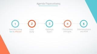 Taleo Recruiting:
fast & effective
1
Ορόσημα
έργου
3
Παράγοντες
επιτυχίας
4
Case
Study
2
Agenda Παρουσίασης
Επεκτασιμότητα
στο ΗCM
5
 
