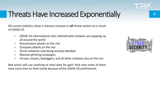 ThreatsHaveIncreasedExponentially
All current statistics show a massive increase in all threat vectors as a result
of COVID-19:
• COVID-19 informational sites infected with malware are popping up
all around the world
• Ransomware attacks on the rise
• Company attacks on the rise
• Home networks now being actively attacked
• Massive phishing campaigns
• Viruses, trojans, keyloggers, and all other malware also on the rise
Bad actors will use anything to steal data for gain! And now some of them
have more time on their hands because of the COVID-19 confinement.
4
 