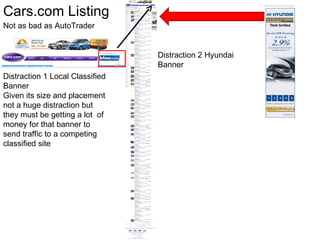 Cars.com Listing  Not as bad as AutoTrader  Distraction 1 Local Classified  Banner Given its size and placement not a huge distraction but they must be getting a lot  of money for that banner to send traffic to a competing classified site Distraction 2 Hyundai  Banner 
