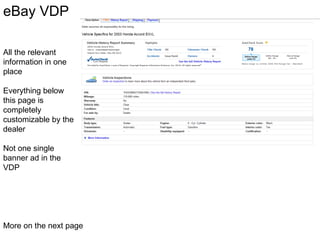 eBay VDP  All the relevant information in one place  Everything below this page is completely customizable by the dealer  Not one single banner ad in the VDP More on the next page  