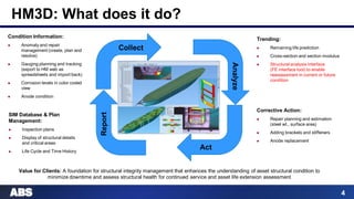 4
HM3D: What does it do?
Condition Information:
 Anomaly and repair
management (create, plan and
resolve)
 Gauging planning and tracking
(export to HM web as
spreadsheets and import back)
 Corrosion levels in color coded
view
 Anode condition
Trending:
 Remaining life prediction
 Cross-section and section modulus
 Structural analysis interface
(FE interface tool) to enable
reassessment in current or future
condition
Value for Clients: A foundation for structural integrity management that enhances the understanding of asset structural condition to
minimize downtime and assess structural health for continued service and asset life extension assessment
Collect
Corrective Action:
 Repair planning and estimation
(steel wt., surface area)
 Adding brackets and stiffeners
 Anode replacement
Analyze
Act
Report
SIM Database & Plan
Management:
 Inspection plans
 Display of structural details
and critical areas
 Life Cycle and Time History
 