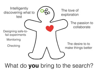 What do you bring to the search?
Intelligently
discovering what to
test
Designing safe-to-
fail experiments
The passion to...
