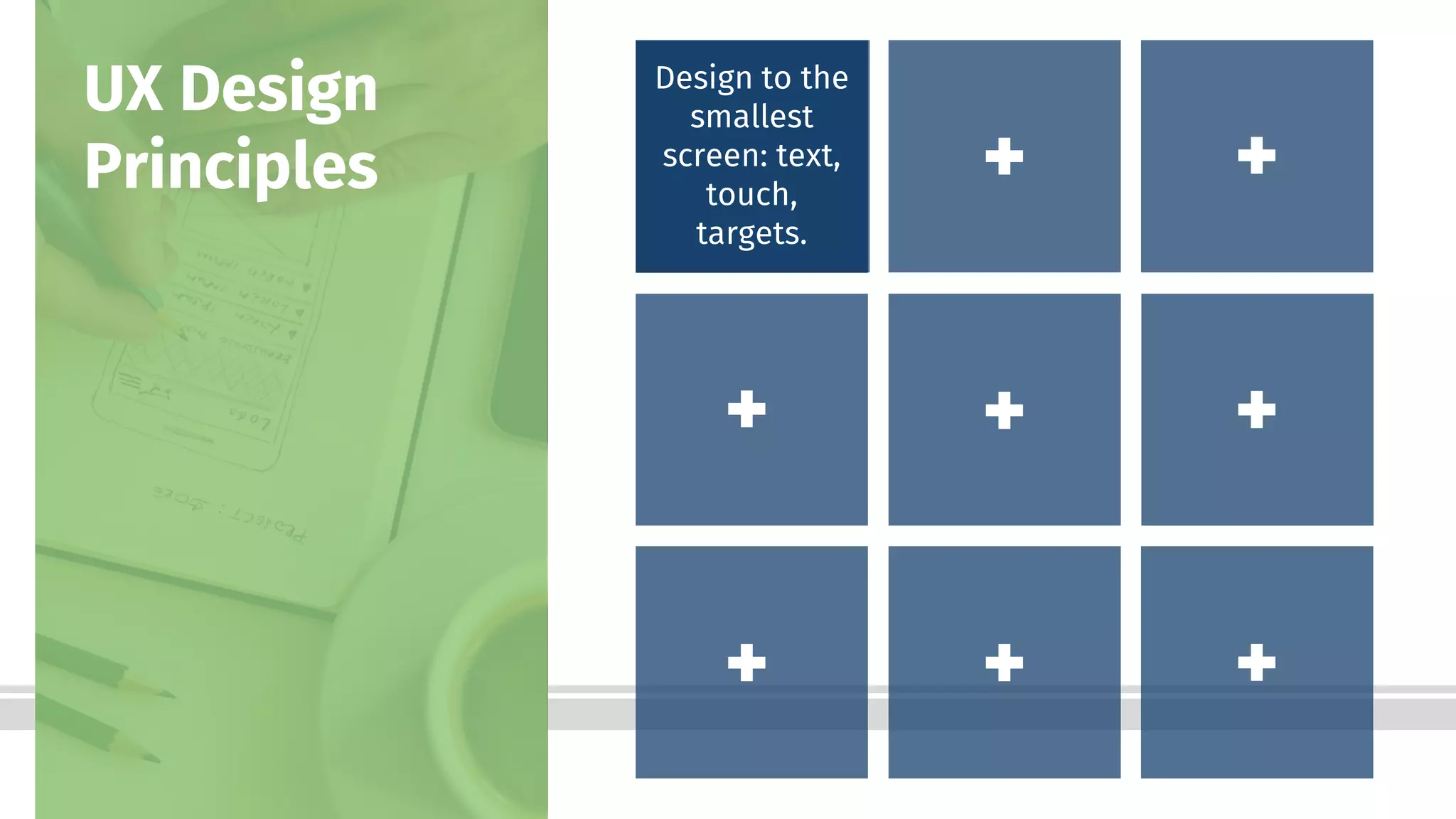 Bottom-Line Performance
Design to the
smallest
screen: text,
touch,
targets.
UX Design
Principles
 