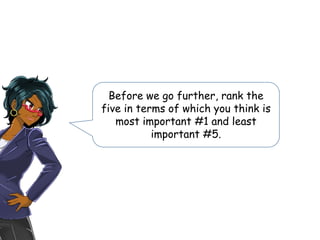 Before we go further, rank the
five in terms of which you think is
most important #1 and least
important #5.
 