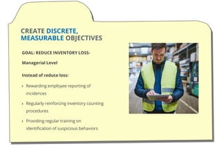 CREATE DISCRETE,
MEASURABLE OBJECTIVES
GOAL: REDUCE INVENTORY LOSS-
Managerial Level
Instead of reduce loss:
Rewarding employee reporting of
incidences
Regularly reinforcing inventory counting
procedures
Providing regular training on
identification of suspicious behaviors
 