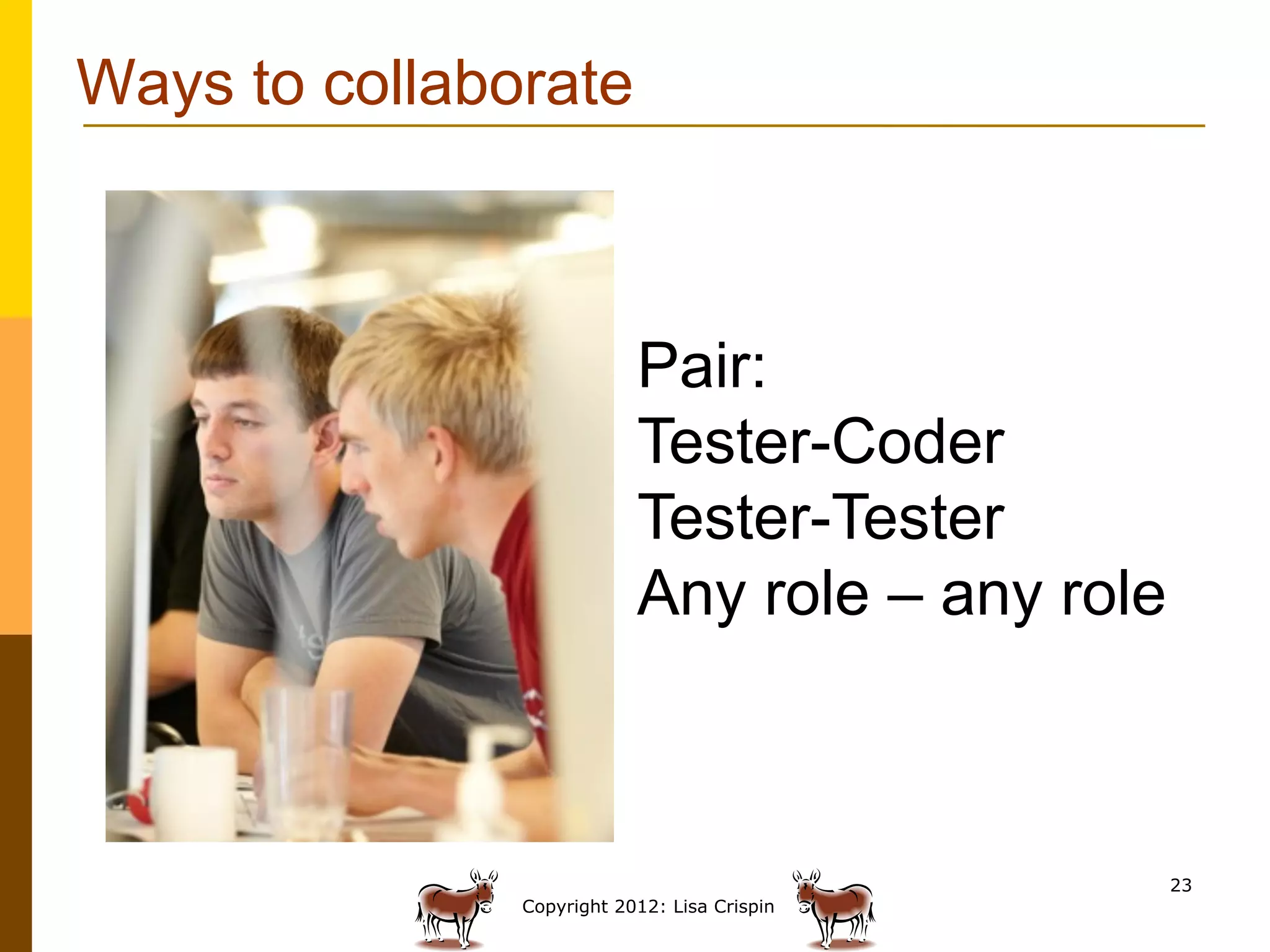 Ways to collaborate



                           Pair:
                           Tester-Coder
                           Tester-Tester
                           Any role – any role



                                                 23
               Copyright 2012: Lisa Crispin
 