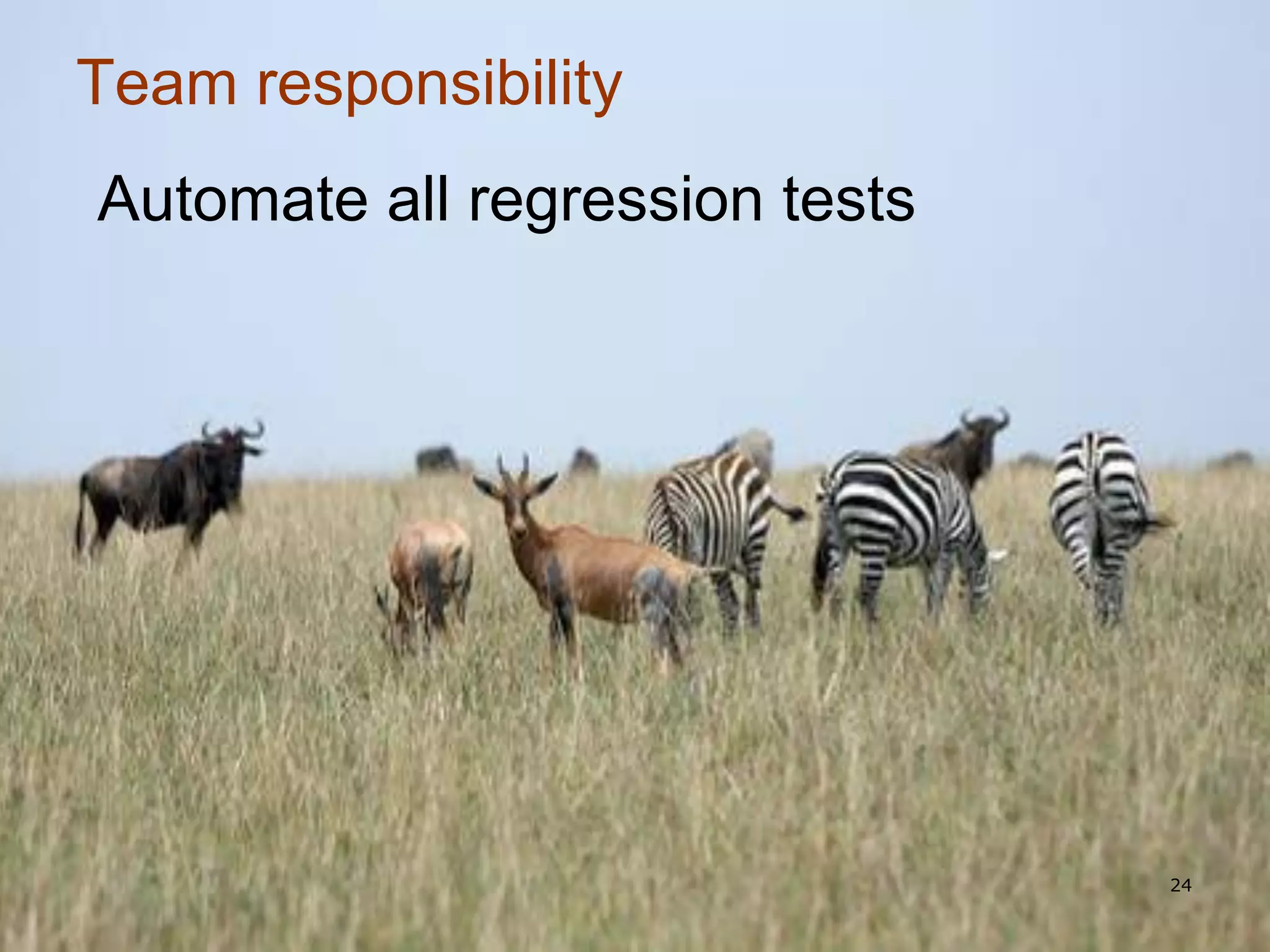 Team responsibility
Automate all regression tests




                                              24
               Copyright 2012: Lisa Crispin
 