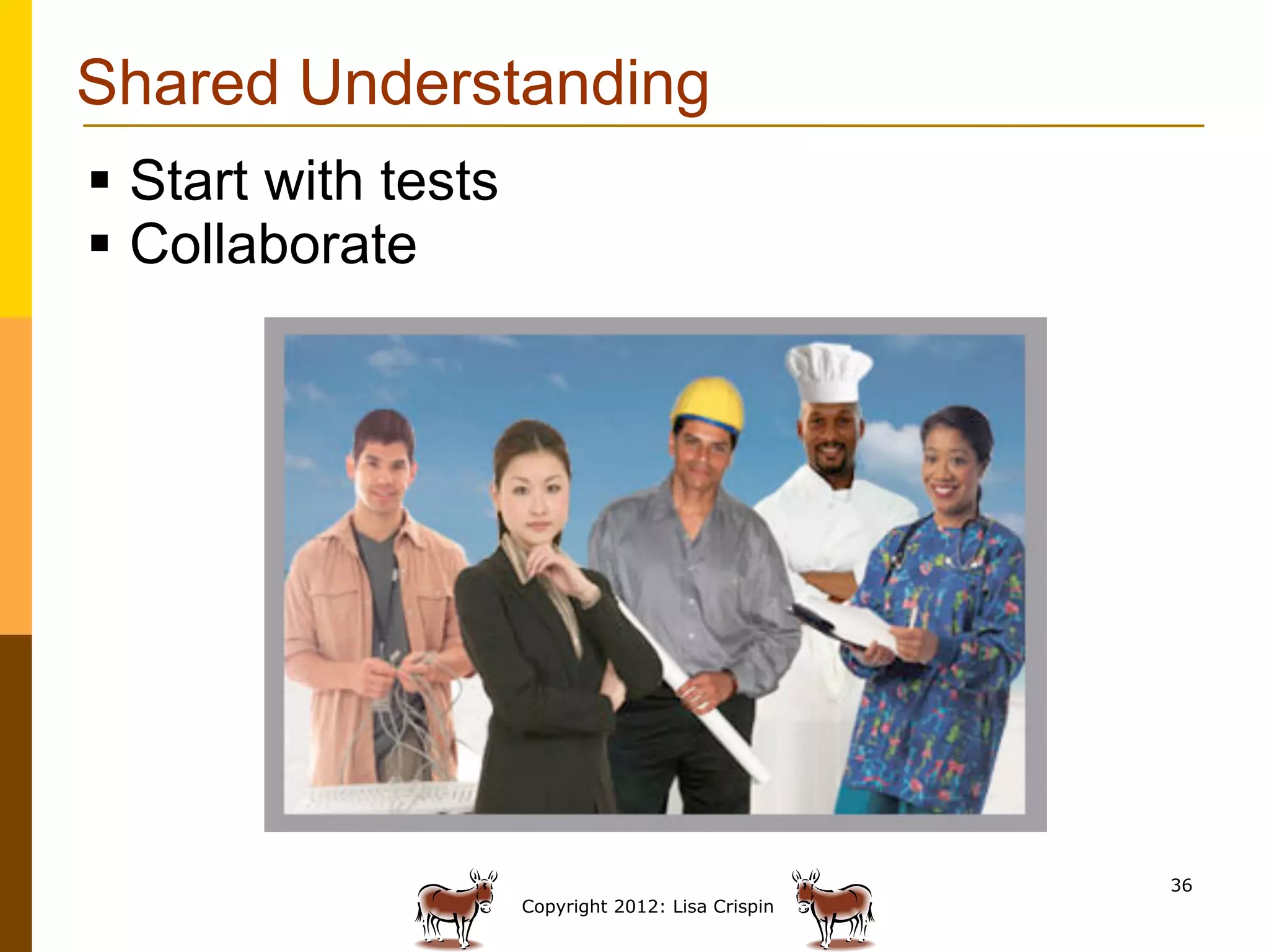 Shared Understanding
§  Start with tests
§  Collaborate




                                                      36
                       Copyright 2012: Lisa Crispin
 